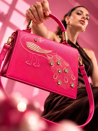 LOOKHAA Women Premium Pink Peacock Embroidered Handbag