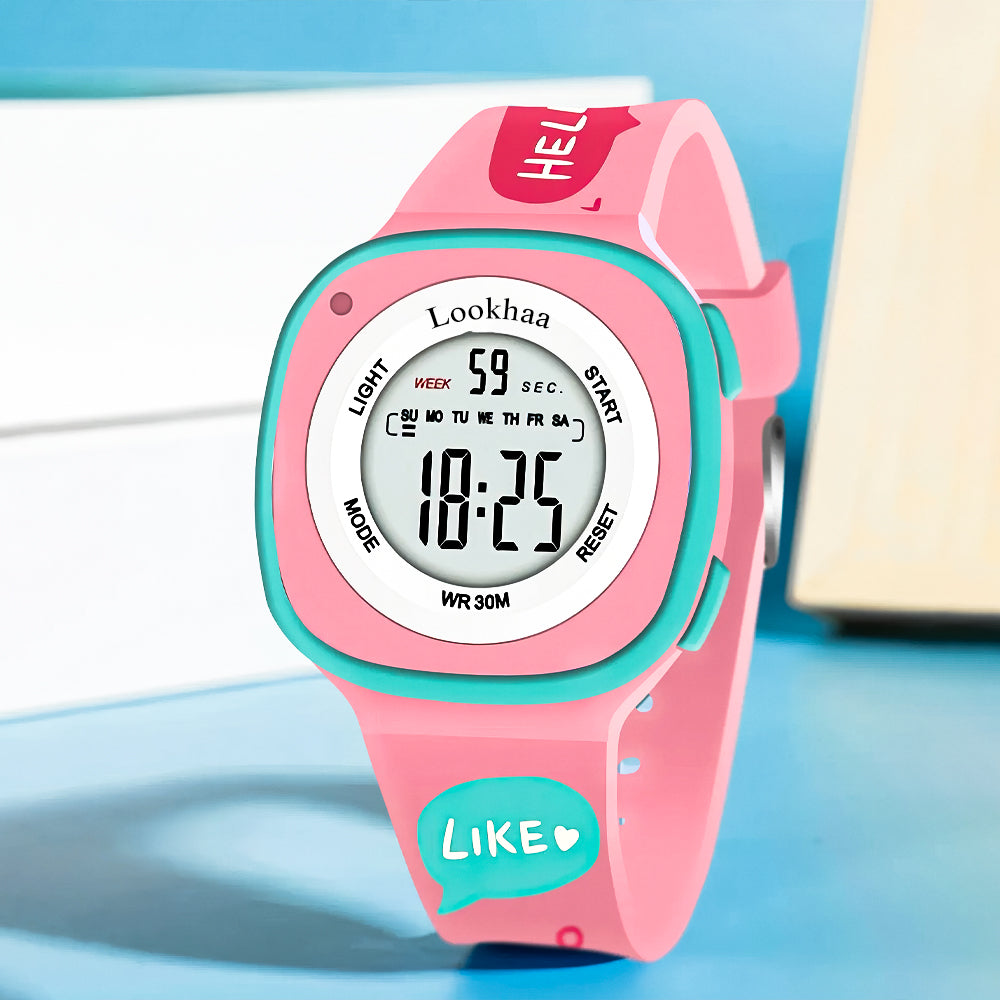 Lookhaa Digital Round Dial Alarm & Glowing Light Watch for Boys & Girls - Pink