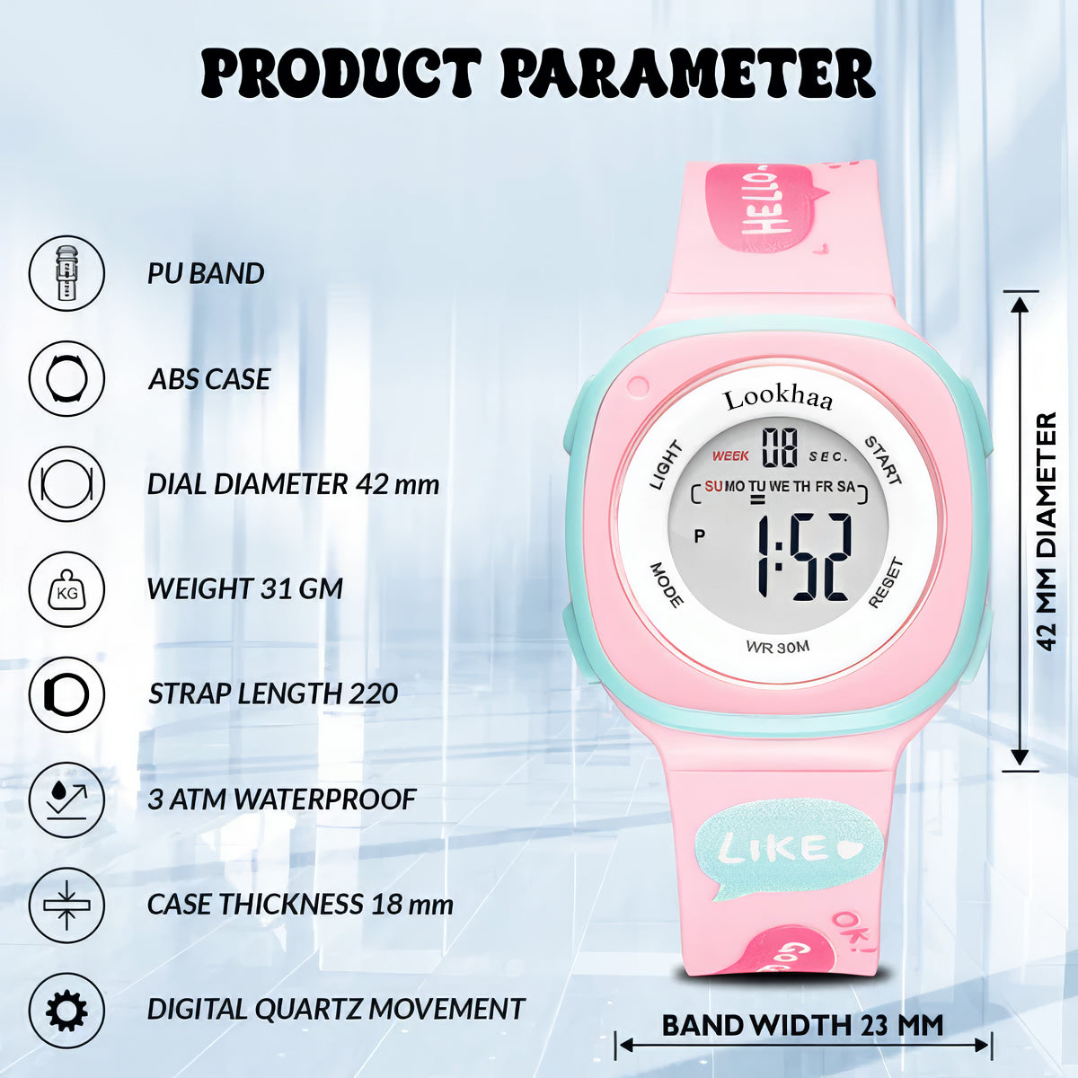 Lookhaa Digital Dial Square Dial Alarm Glowing Light Watch for Boys & Girls (Age:4-12 Years) - pink