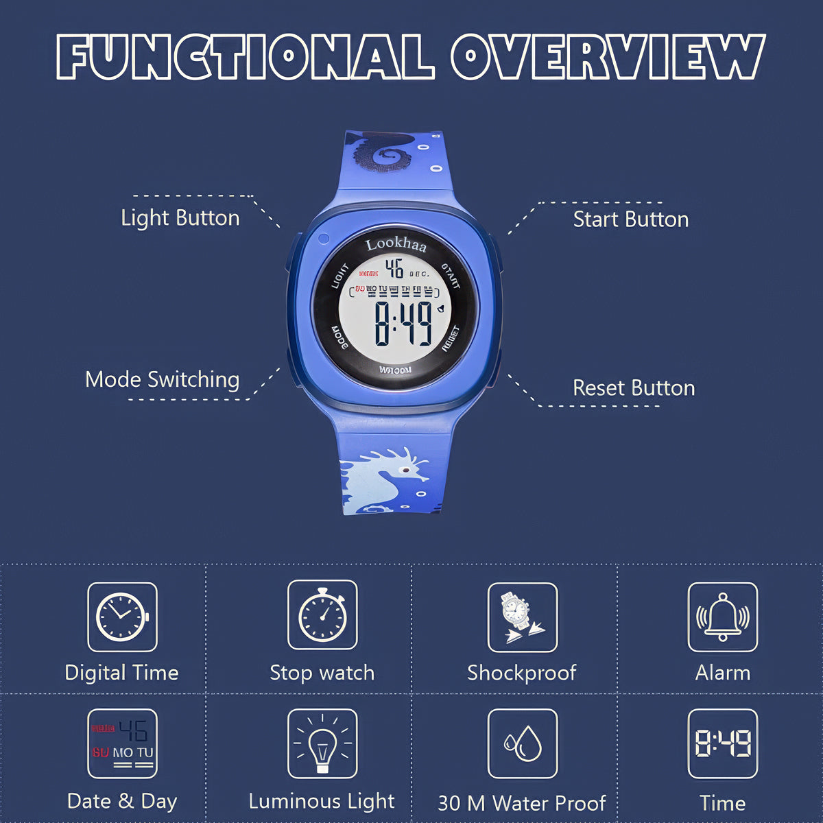 Lookhaa Digital Dial Square Dial Alarm Glowing Light Watch for Boys & Girls (Age:4-12 Years) - Blue