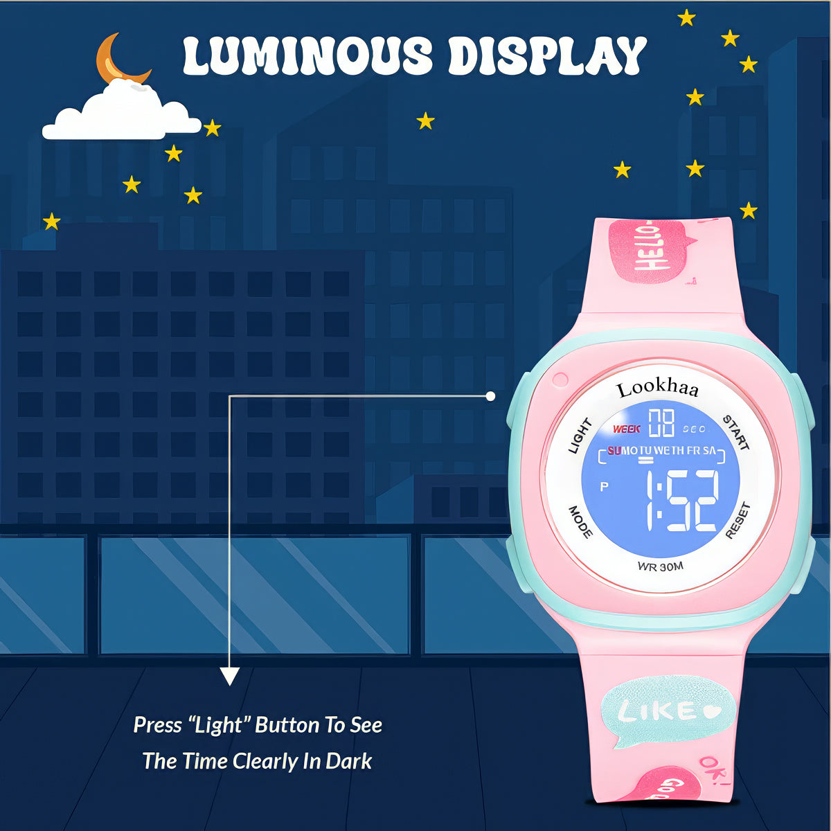 Lookhaa Digital Dial Square Dial Alarm Glowing Light Watch for Boys & Girls (Age:4-12 Years) - pink