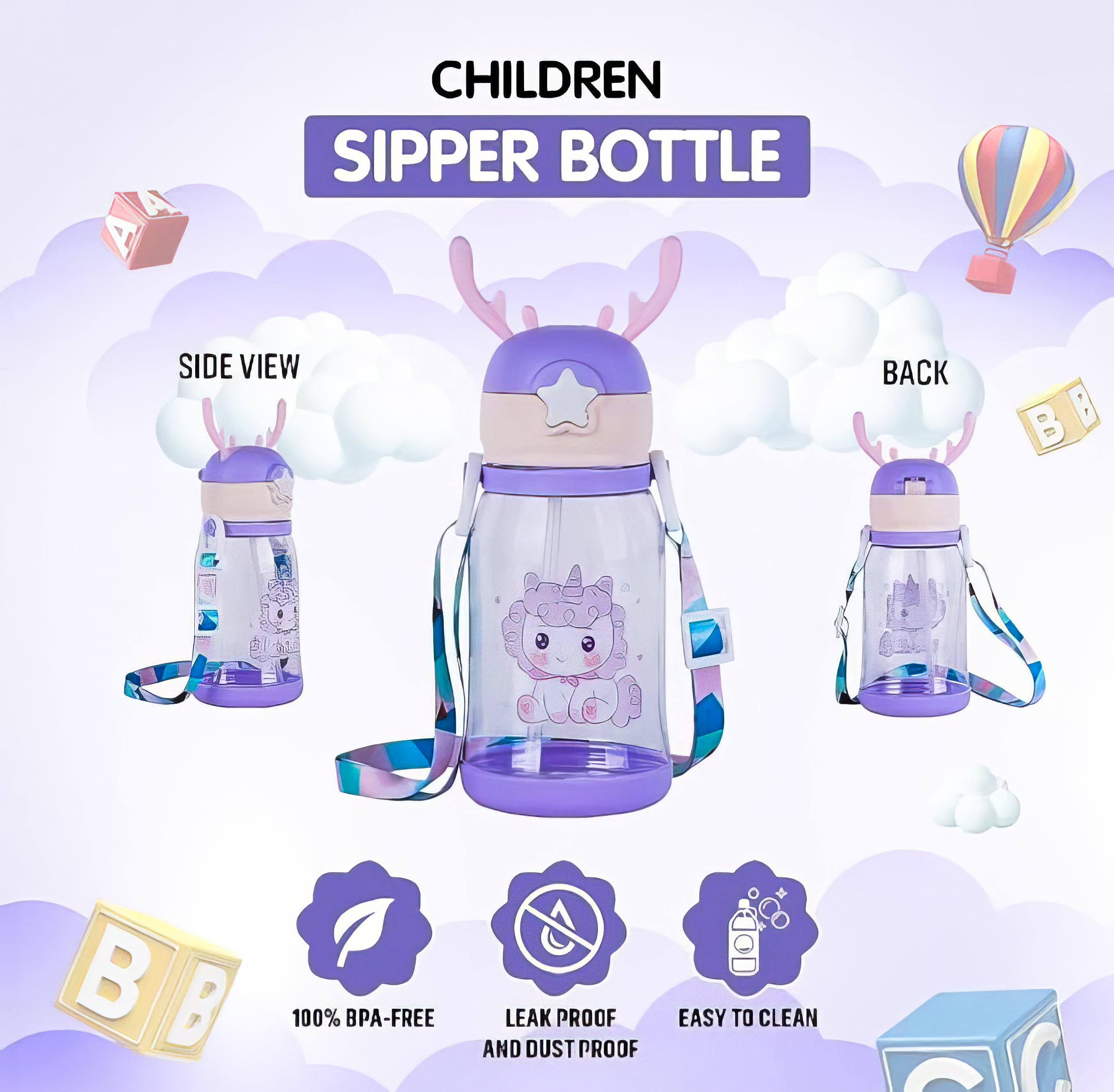 Lookhaa BPA Free Cartoon Designed Spill Proof Eco-Friendly Plastic Sipper Water Bottle for Kids & Toddlers, 600ml (Purple)