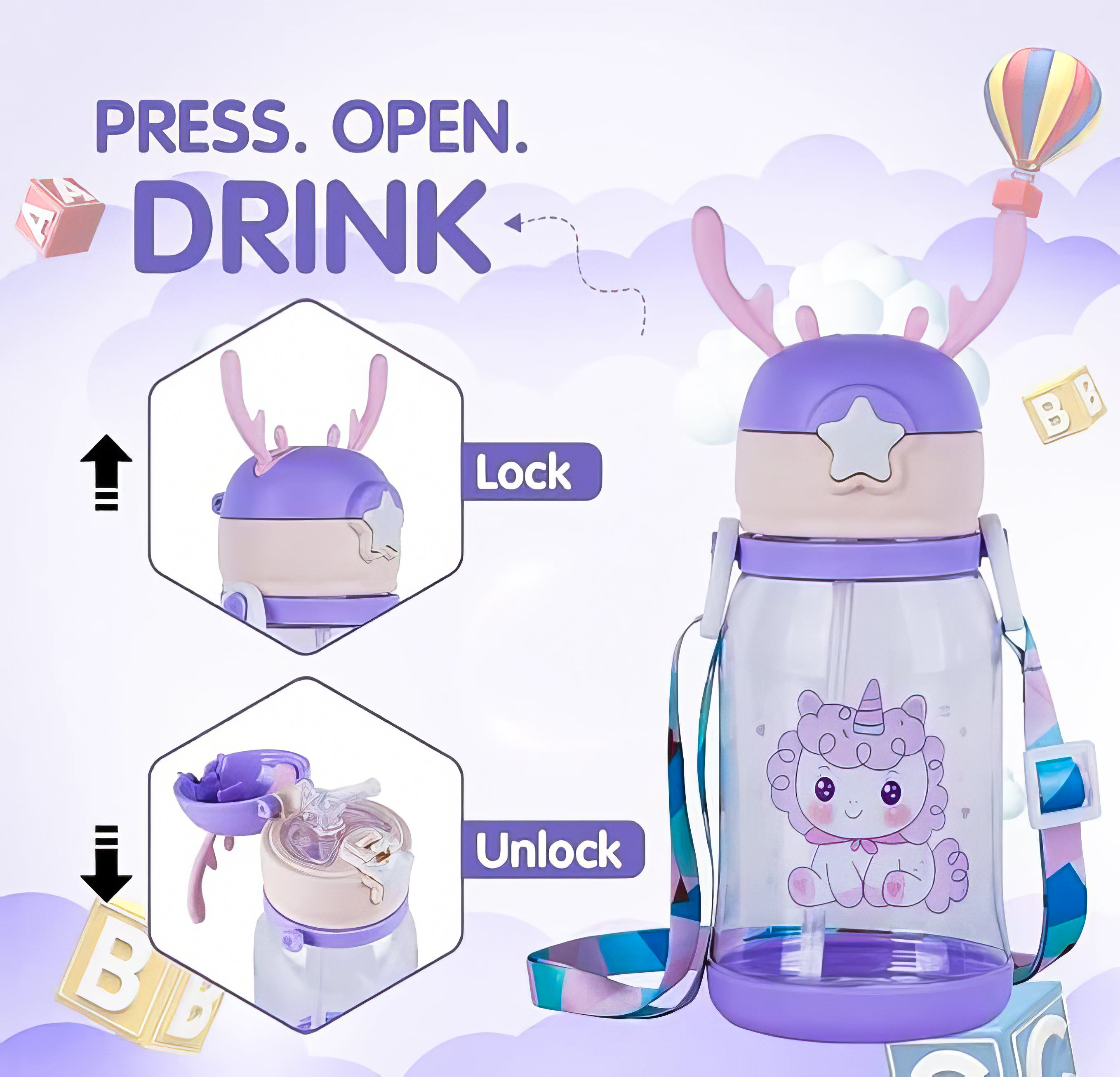 Lookhaa BPA Free Cartoon Designed Spill Proof Eco-Friendly Plastic Sipper Water Bottle for Kids & Toddlers, 600ml (Purple)