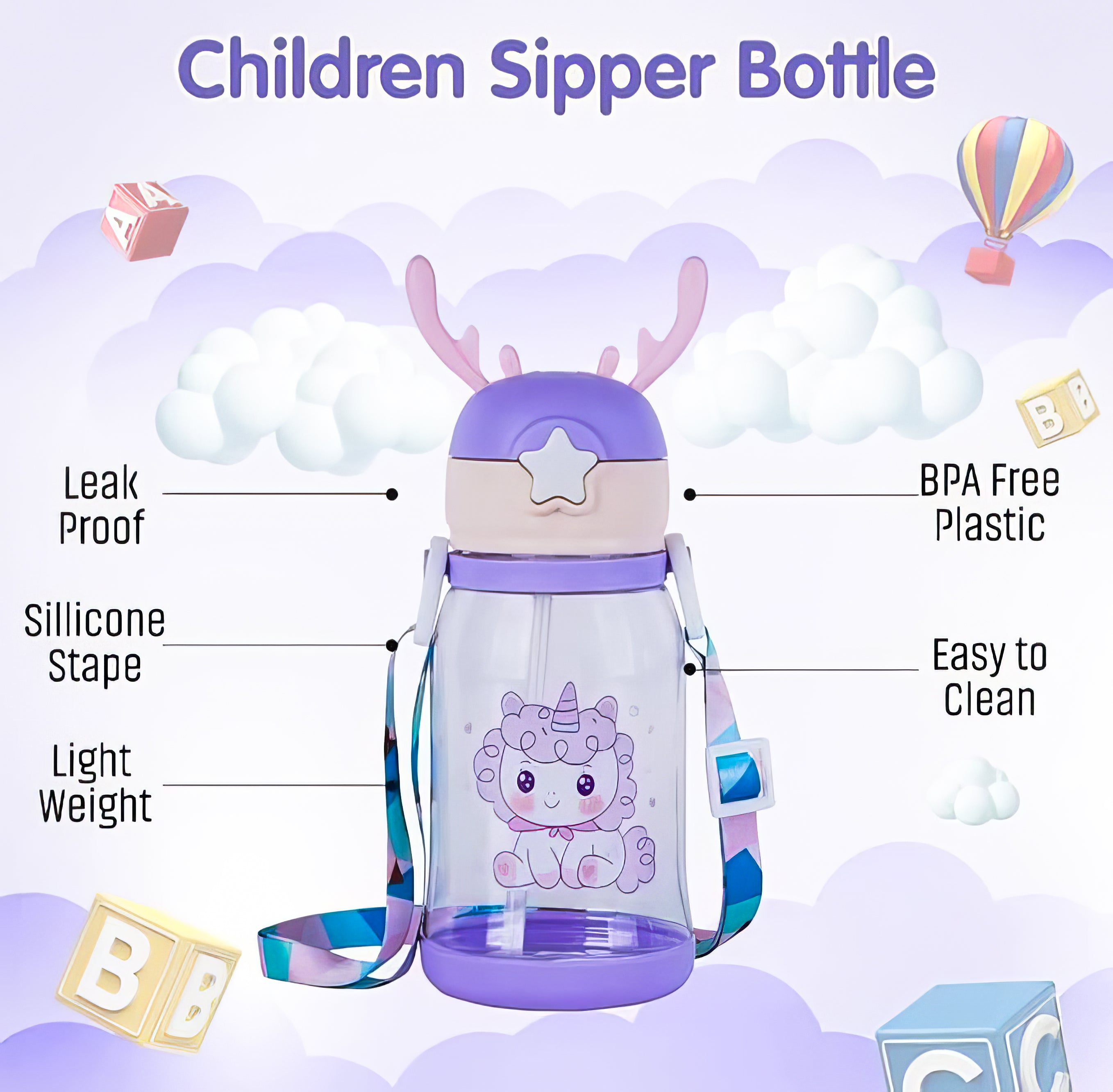 Lookhaa BPA Free Cartoon Designed Spill Proof Eco-Friendly Plastic Sipper Water Bottle for Kids & Toddlers, 600ml (Purple)