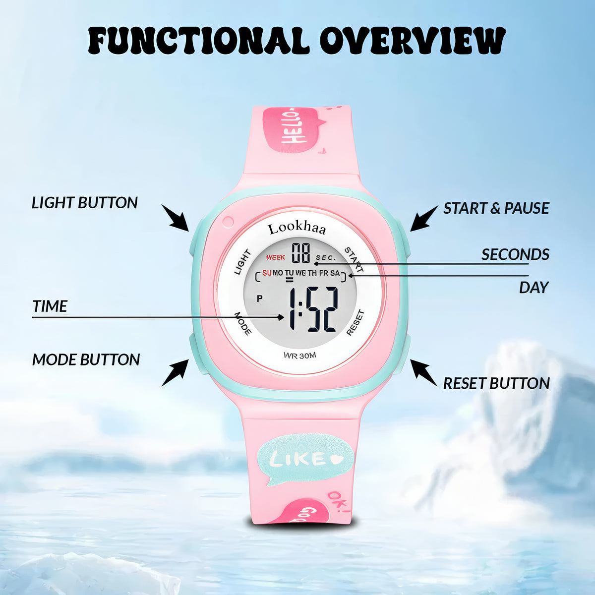 Lookhaa Digital Dial Square Dial Alarm Glowing Light Watch for Boys & Girls (Age:4-12 Years) - pink