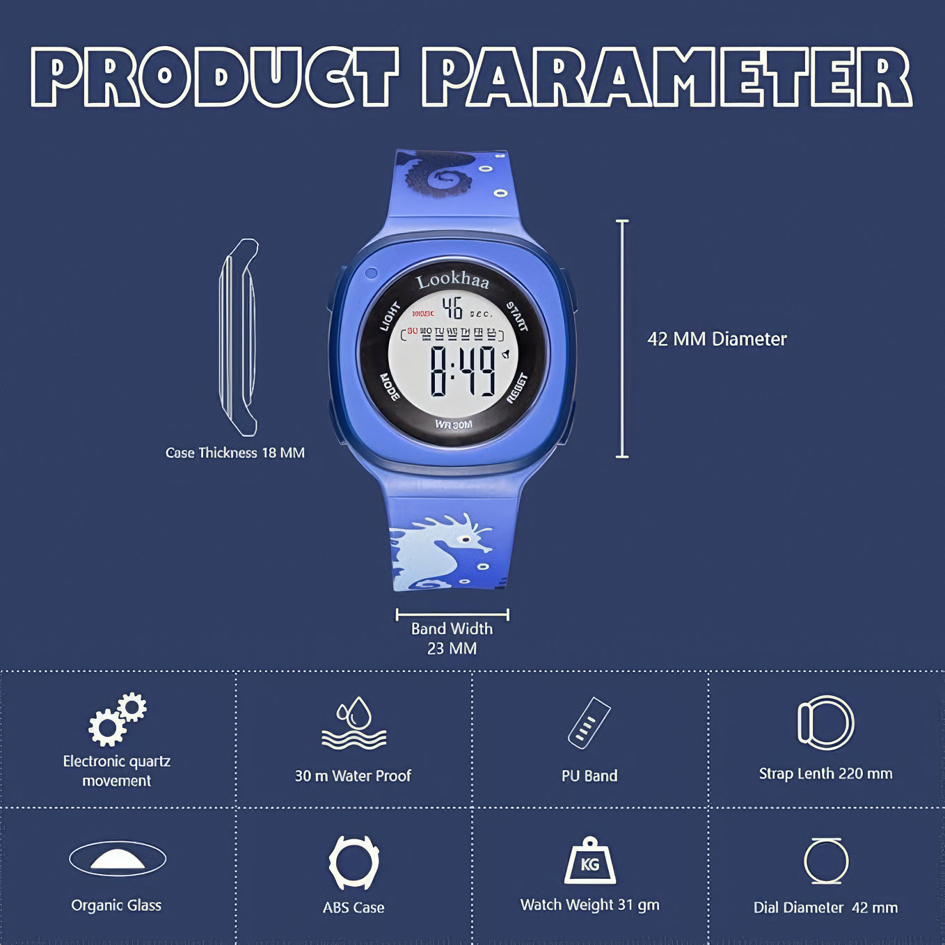 Lookhaa Digital Round Dial Alarm & Glowing Light Watch for Boys & Girls - Blue