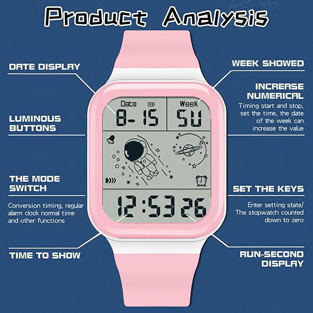 Lookhaa Square Digital Sports Watches Luminous Waterproof Alarm Clock Electronic Chrono Clock WristWatch For Kids (Pink)