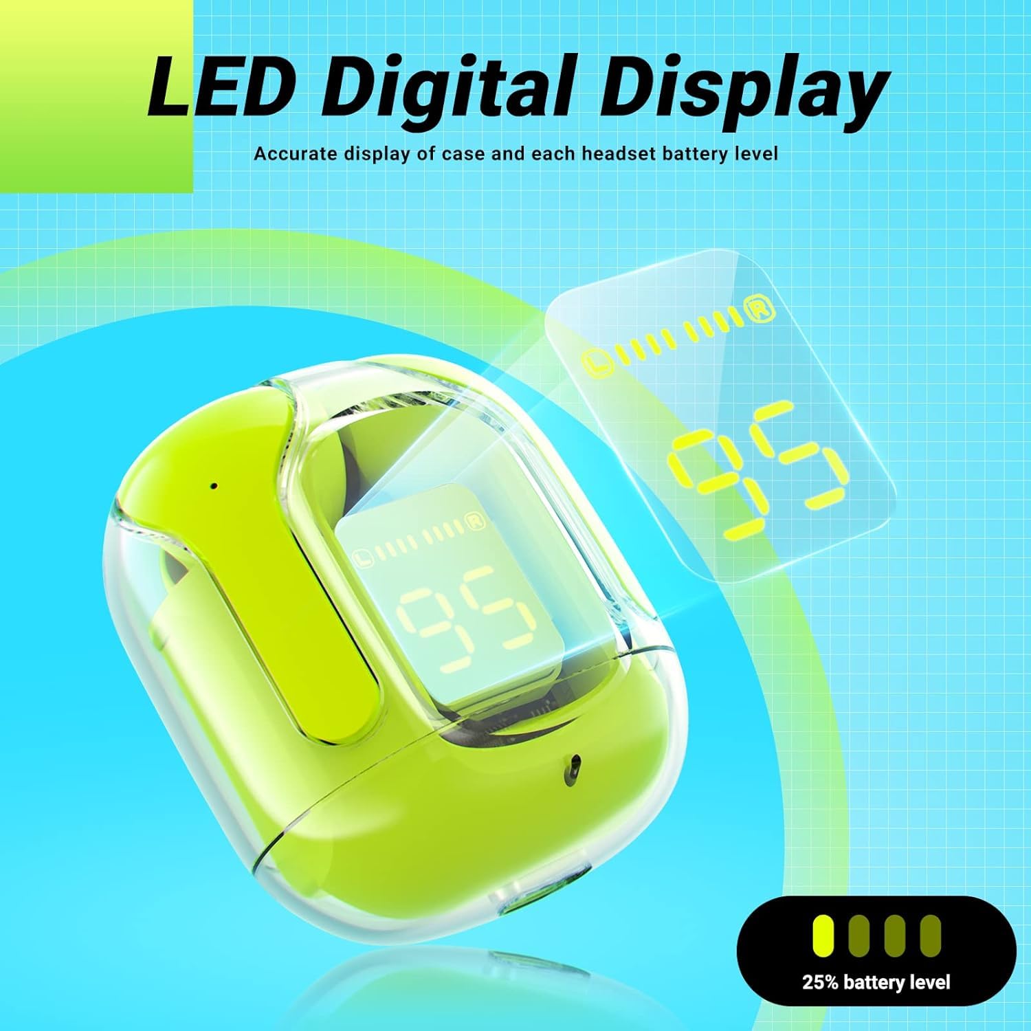 Lookhaa Wireless Earbuds with Transparent Design Charging Case and LED Digital Display | Bluetooth 5.3 | Heavy Bass Stereo Earphones (Green)