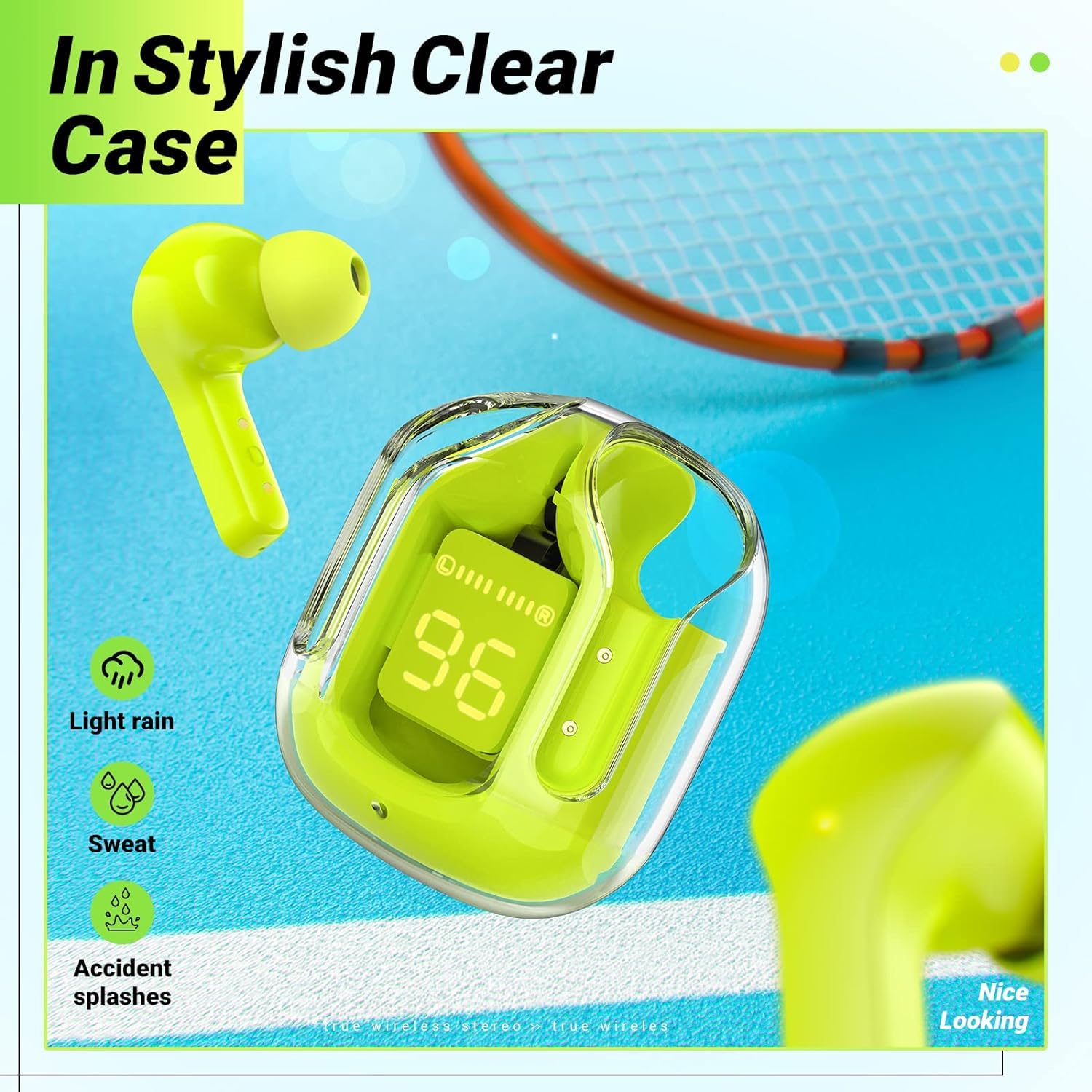 Lookhaa Wireless Earbuds with Transparent Design Charging Case and LED Digital Display | Bluetooth 5.3 | Heavy Bass Stereo Earphones (Green)