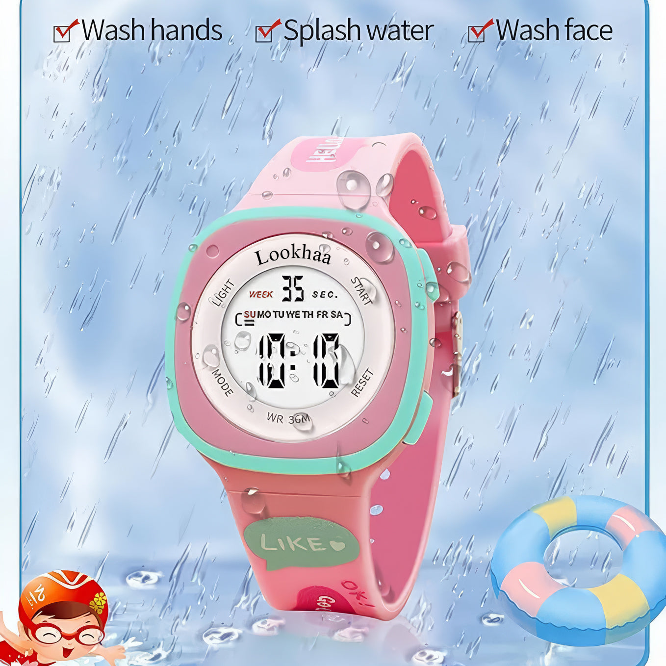 Lookhaa Digital Dial Square Dial Alarm Glowing Light Watch for Boys & Girls (Age:4-12 Years) - pink