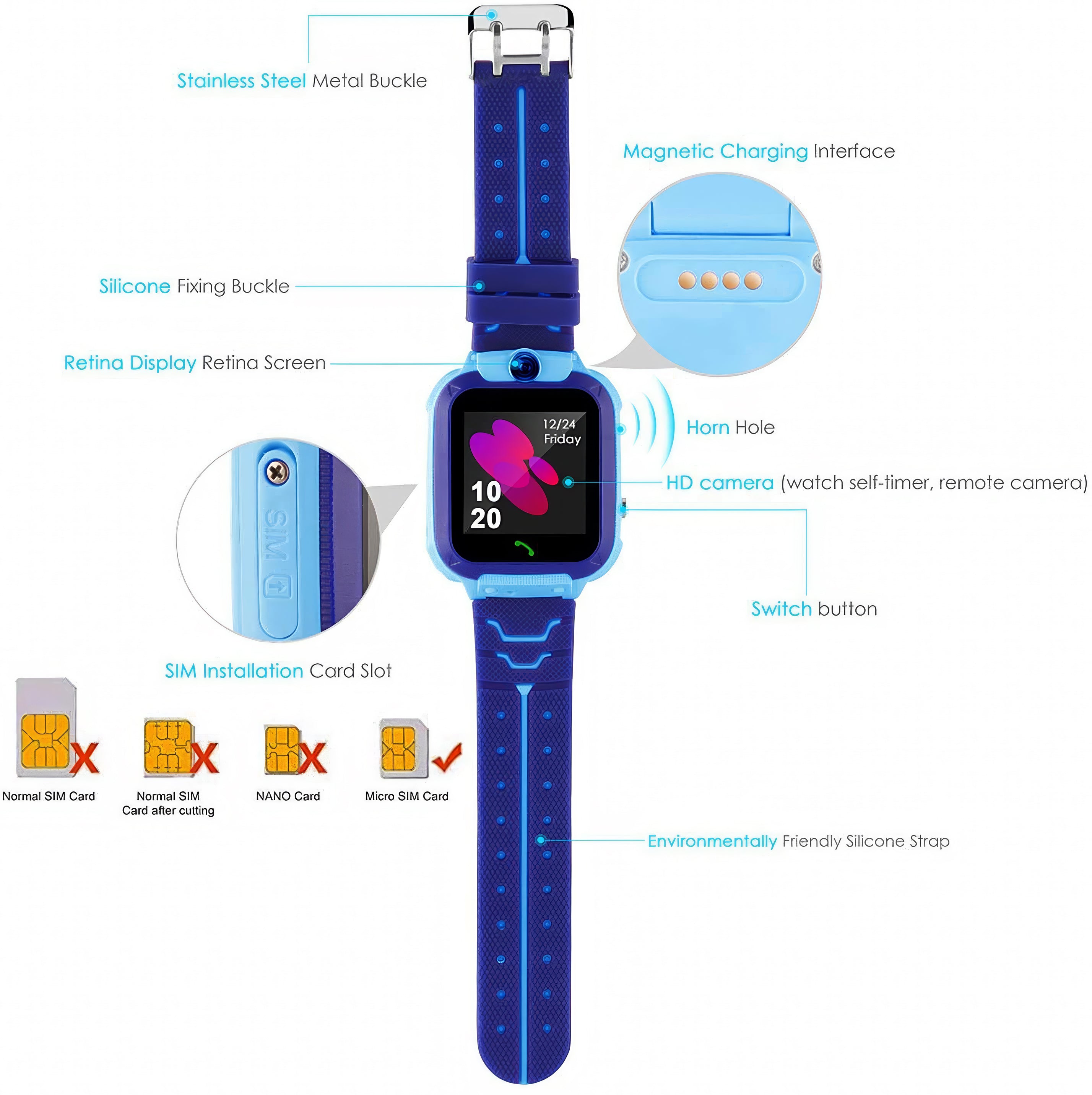 Lookhaa Kids Smart Call Watch Daily Life Waterproof Smart Watch With SIM Card Flashlight camera SOS Smart For Boys (Blue)