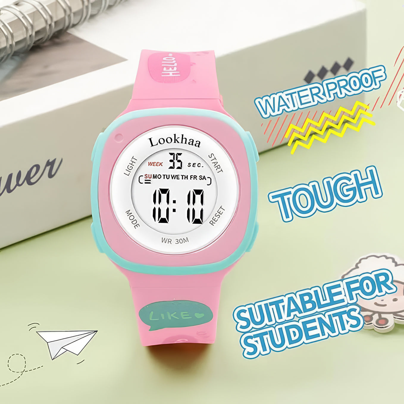 Lookhaa Digital Dial Square Dial Alarm Glowing Light Watch for Boys & Girls (Age:4-12 Years) - pink