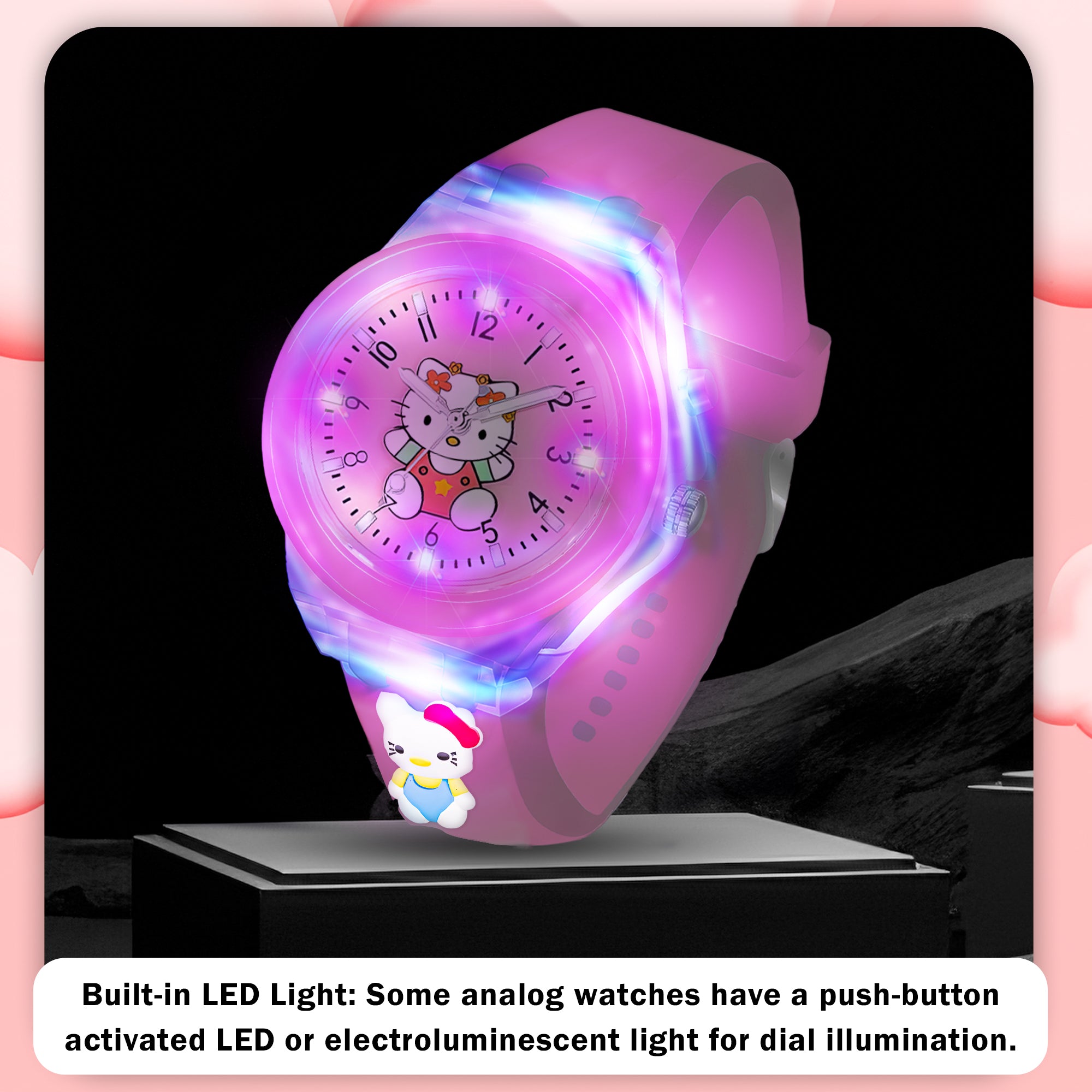 Lookhaa 3D Cute Cartoon Watch with 7 Disco Lights Analog Watch for Girls - Pink
