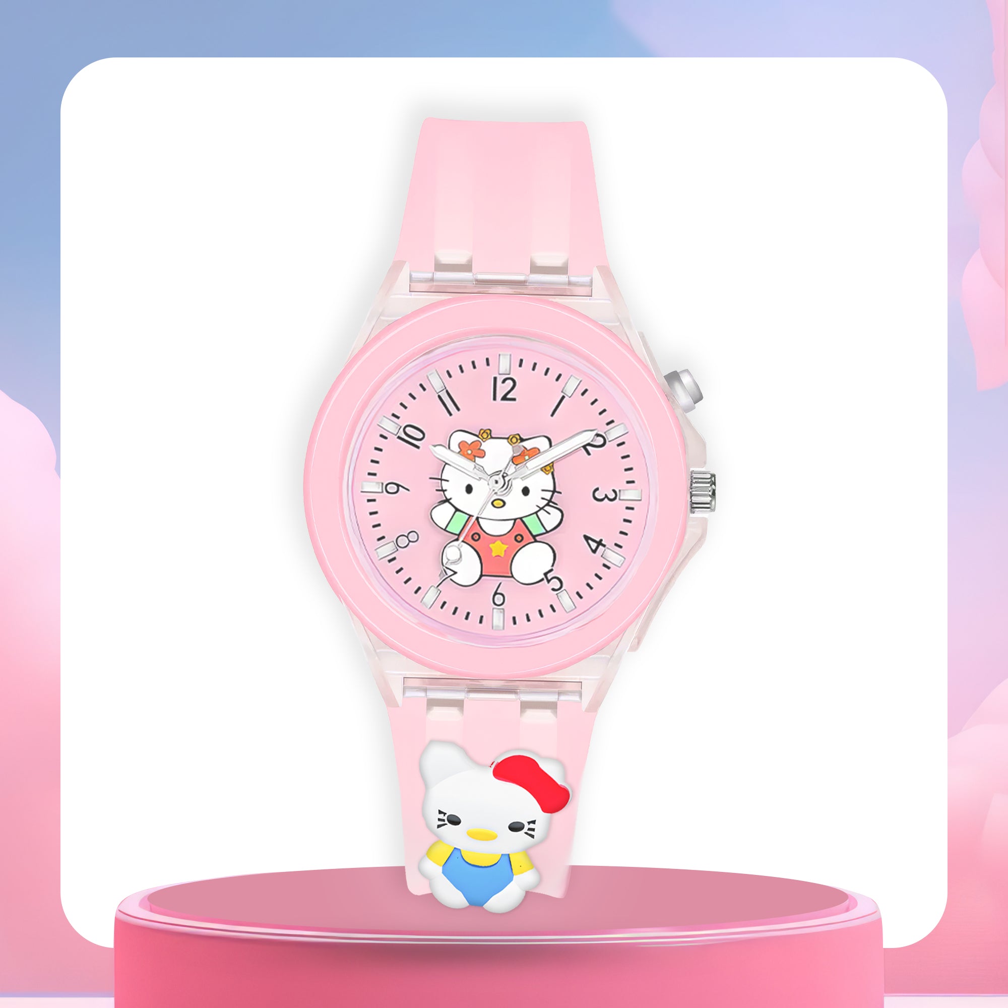 Lookhaa 3D Cute Cartoon Watch with 7 Disco Lights Analog Watch for Girls - Pink