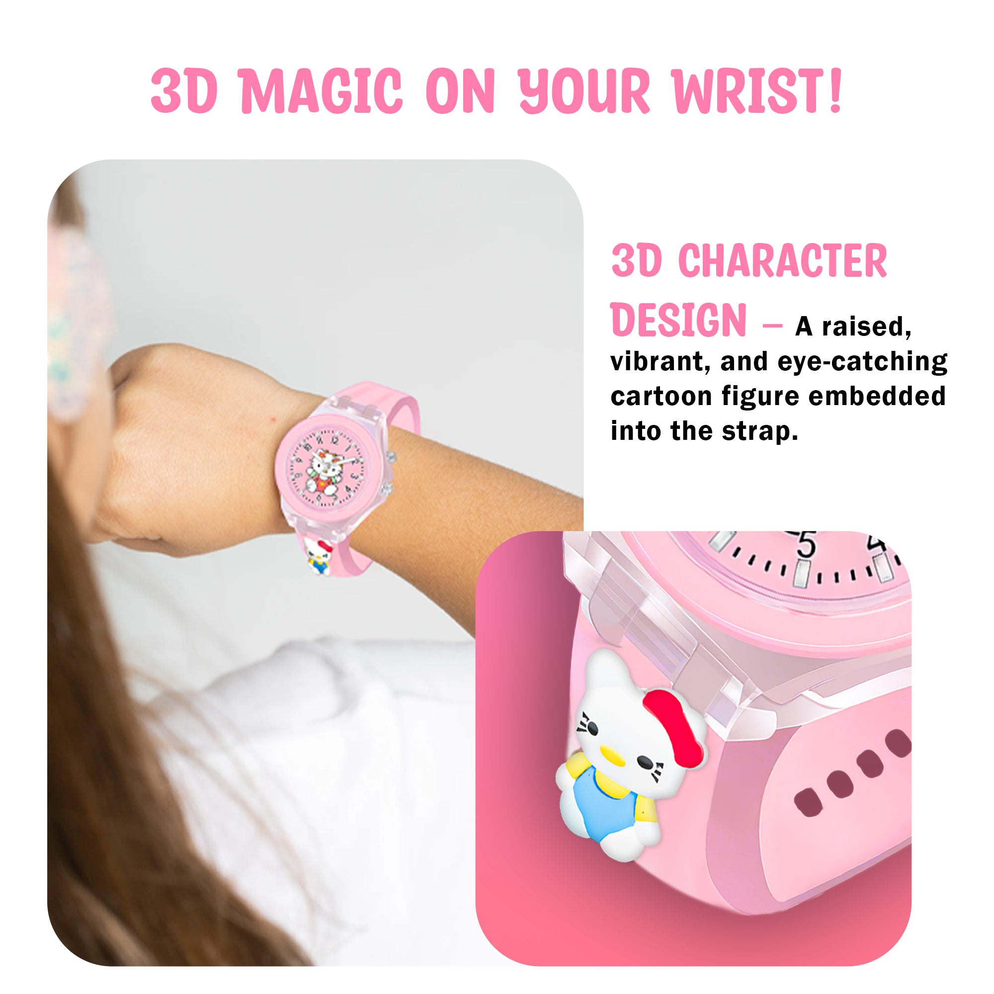 Lookhaa 3D Cute Cartoon Watch with 7 Disco Lights Analog Watch for Girls - Pink