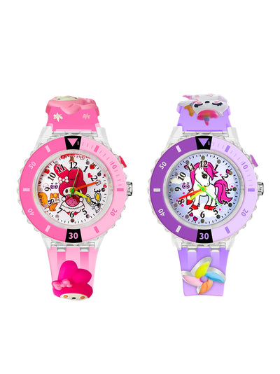 Lookhaa Analog Watch For Kids Combo | 3D Cartoon | 7 Multicolor LED Luminous Lights with Silicone Strap | Unisex Best Birthday Gift | Analogue Wrist Watches For Girls | Age 3-10 Yrs Pink - Purple