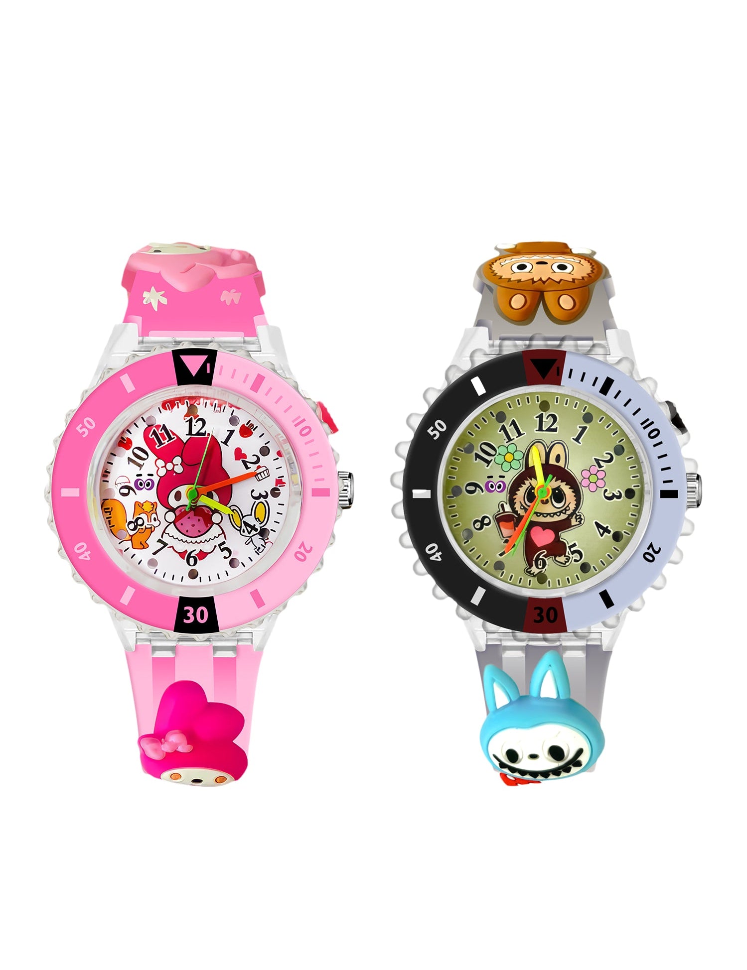 Lookhaa Analog Watch For Kids Combo | 3D Cartoon | 7 Multicolor LED Luminous Lights with Silicone Strap | Unisex Best Birthday Gift | Analogue Wrist Watches For Girls | Age 3-10 Yrs Pink - Purple lookhaa