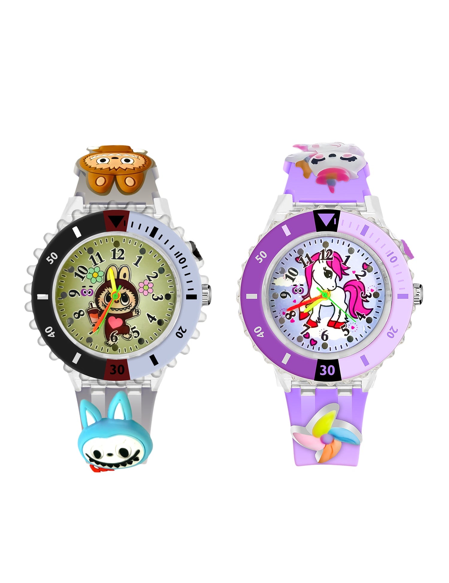 Lookhaa Analog Watch For Kids Combo | 3D Cartoon | 7 Multicolor LED Luminous Lights with Silicone Strap | Unisex Best Birthday Gift | Analogue Wrist Watches For Girls | Age 3-10 Yrs Pink - Purple lookhaa