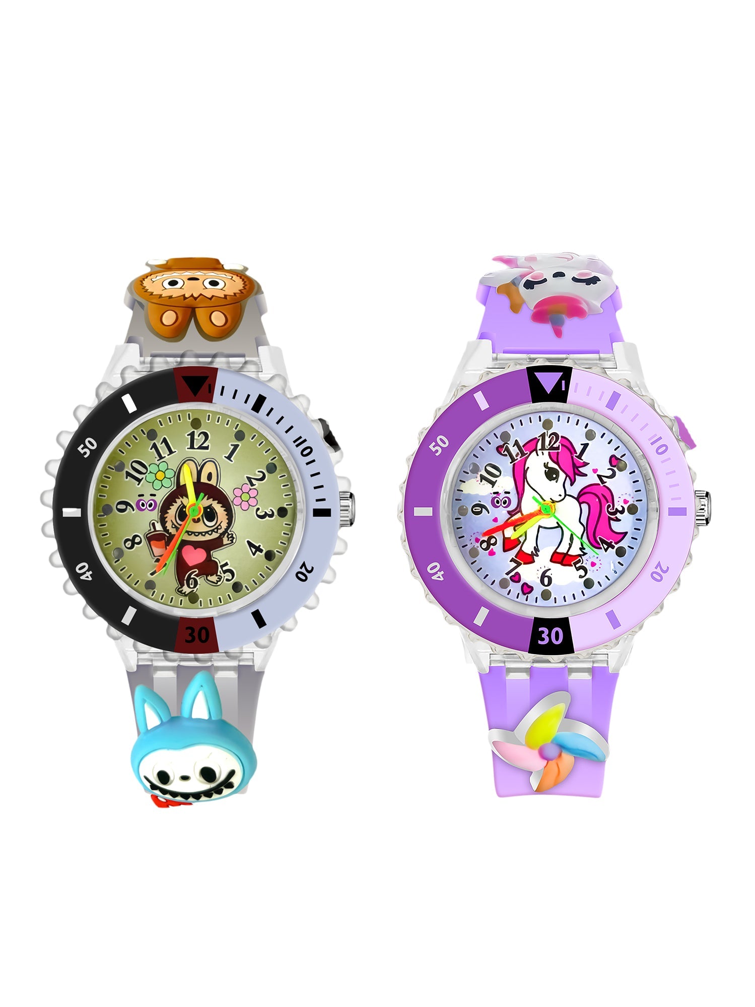Lookhaa Analog Watch For Kids Combo | 3D Cartoon | 7 Multicolor LED Luminous Lights with Silicone Strap | Unisex Best Birthday Gift | Analogue Wrist Watches For Girls | Age 3-10 Yrs Pink - Purple lookhaa