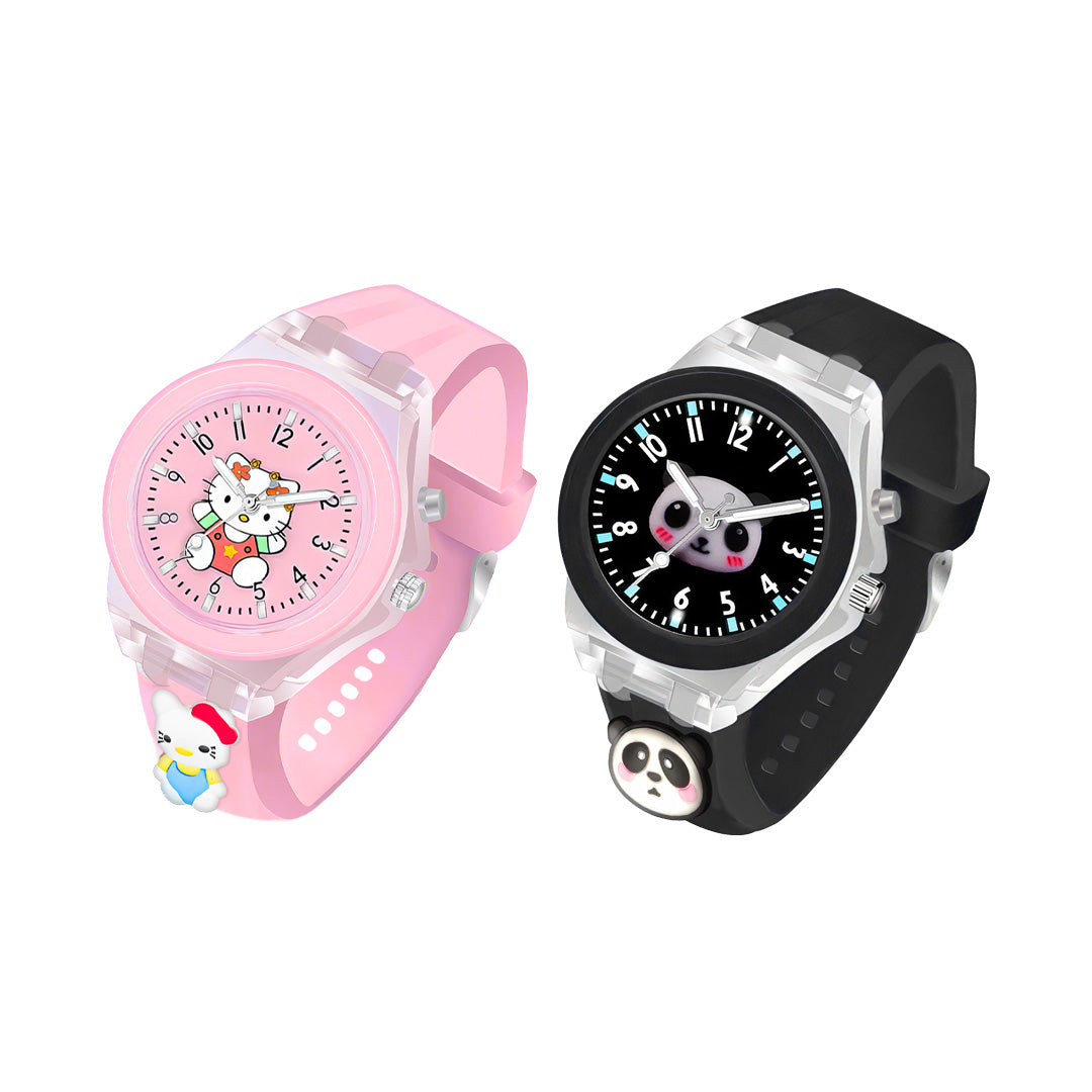 Lookhaa Kids Combo Panda and Kitty Character Analog Disco Lights Watch lookhaa