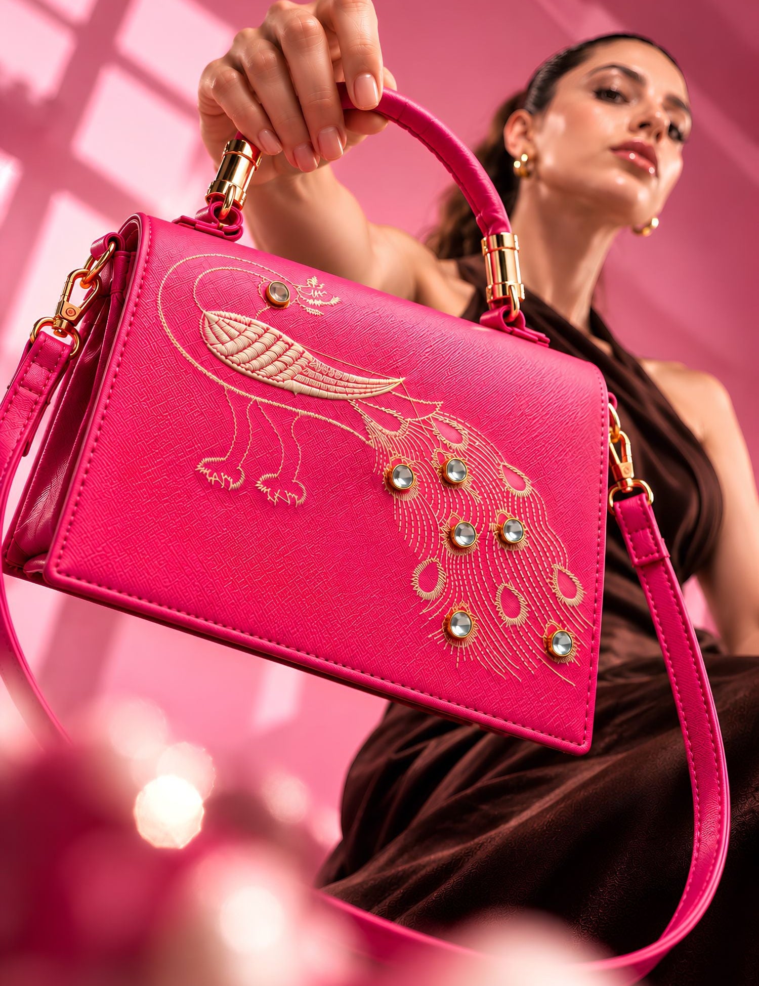 Lookhaa Women Premium Pink Peacock Embroidered Handbag lookhaa