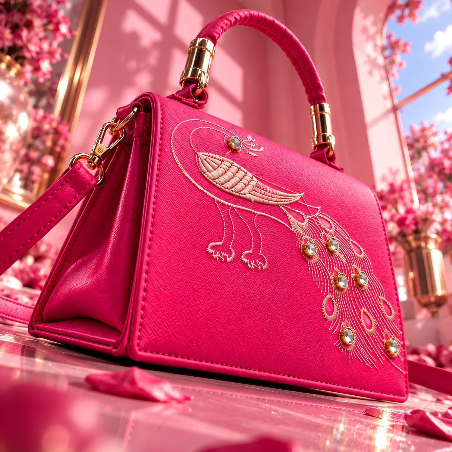 Lookhaa Women Premium Pink Peacock Embroidered Handbag lookhaa