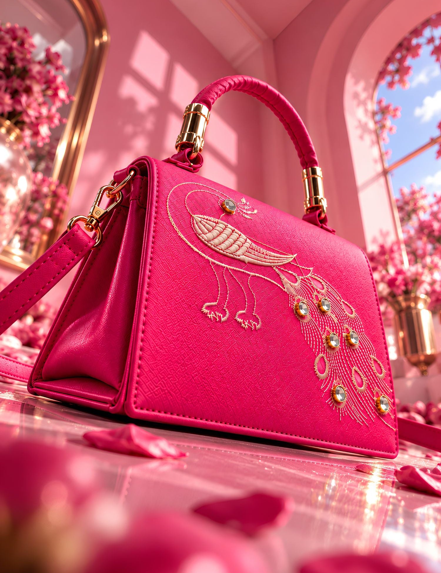 Lookhaa Women Premium Pink Peacock Embroidered Handbag lookhaa