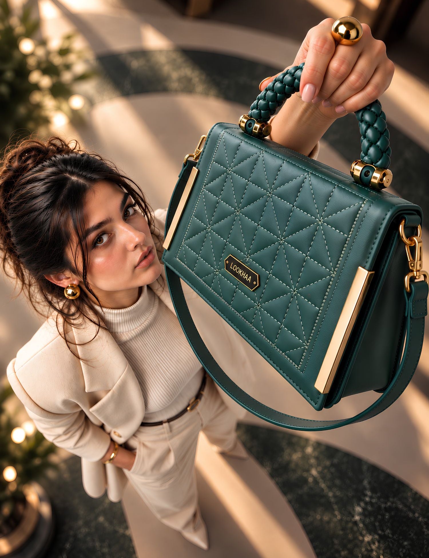Lookhaa Women Premium Green Textured Structured Handbag lookhaa