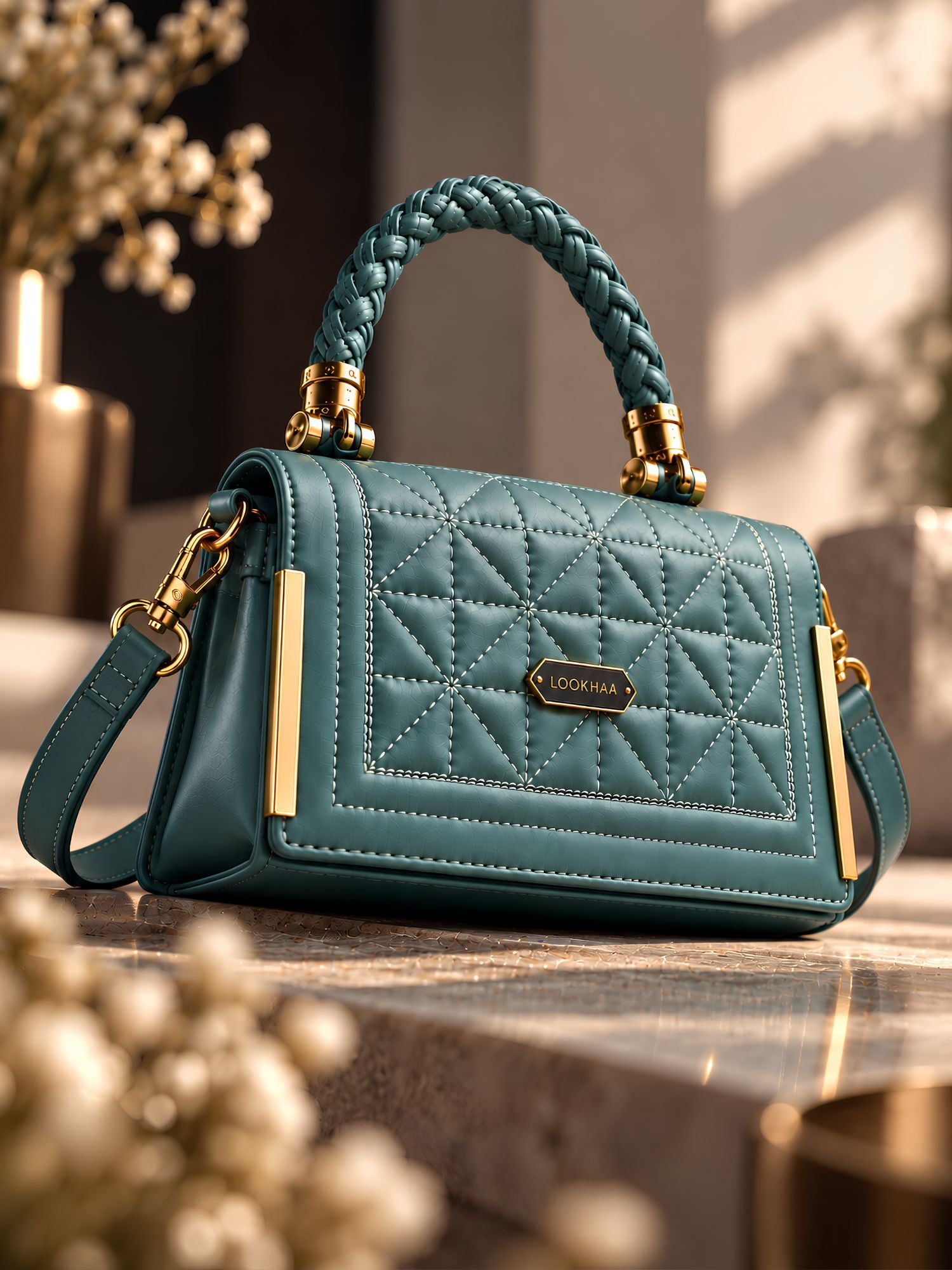 Lookhaa Women Premium Green Textured Structured Handbag lookhaa