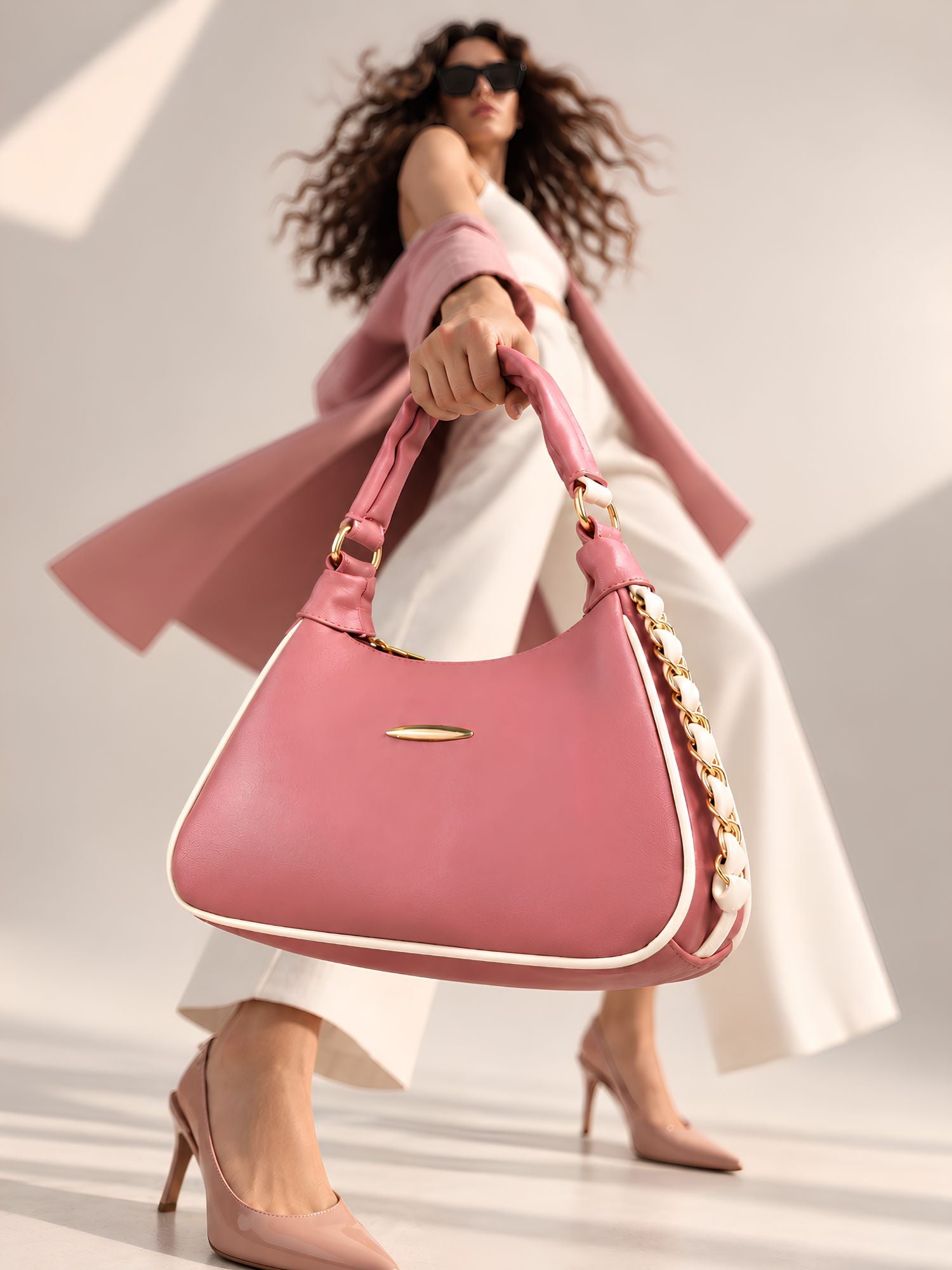 LOOKHAA Premium Pink Structured Handbag with Gathered Top Handle lookhaa