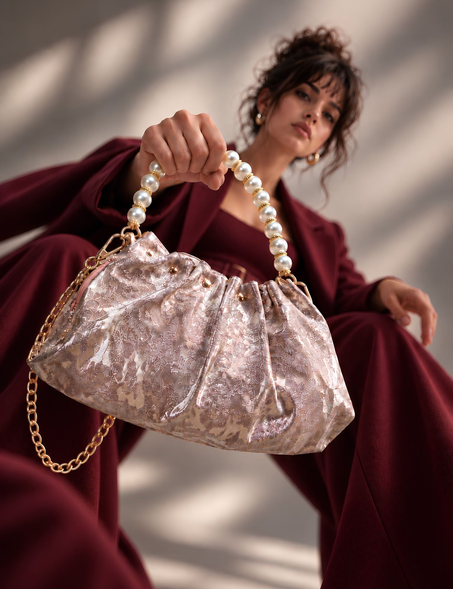 LOOKHAA Premium Rose Gold Ruched Handbag with Gold Chain and Pearl Accents lookhaa