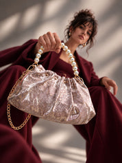 LOOKHAA Premium Rose Gold Ruched Handbag with Gold Chain and Pearl Accents lookhaa