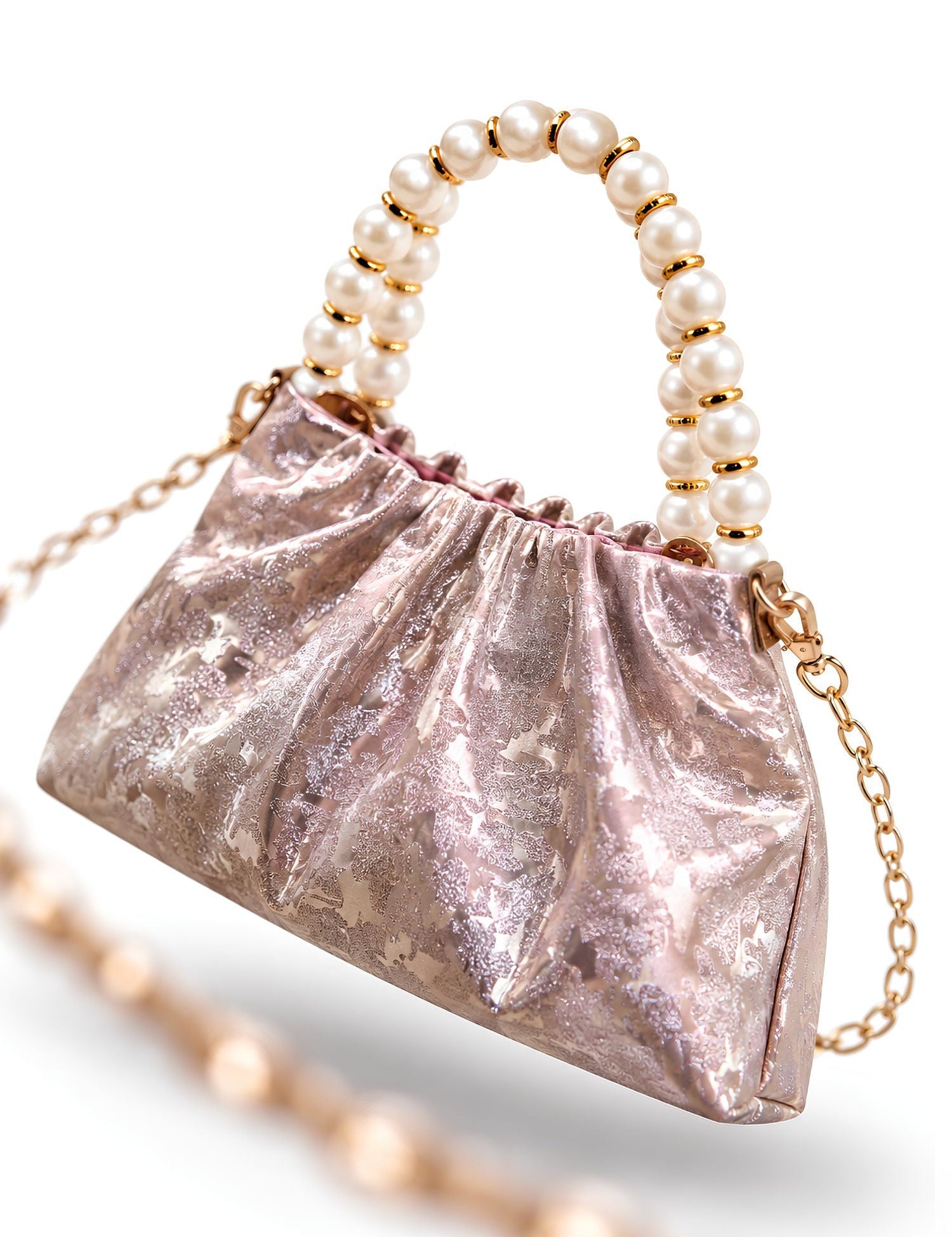 LOOKHAA Premium Rose Gold Ruched Handbag with Gold Chain and Pearl Accents lookhaa