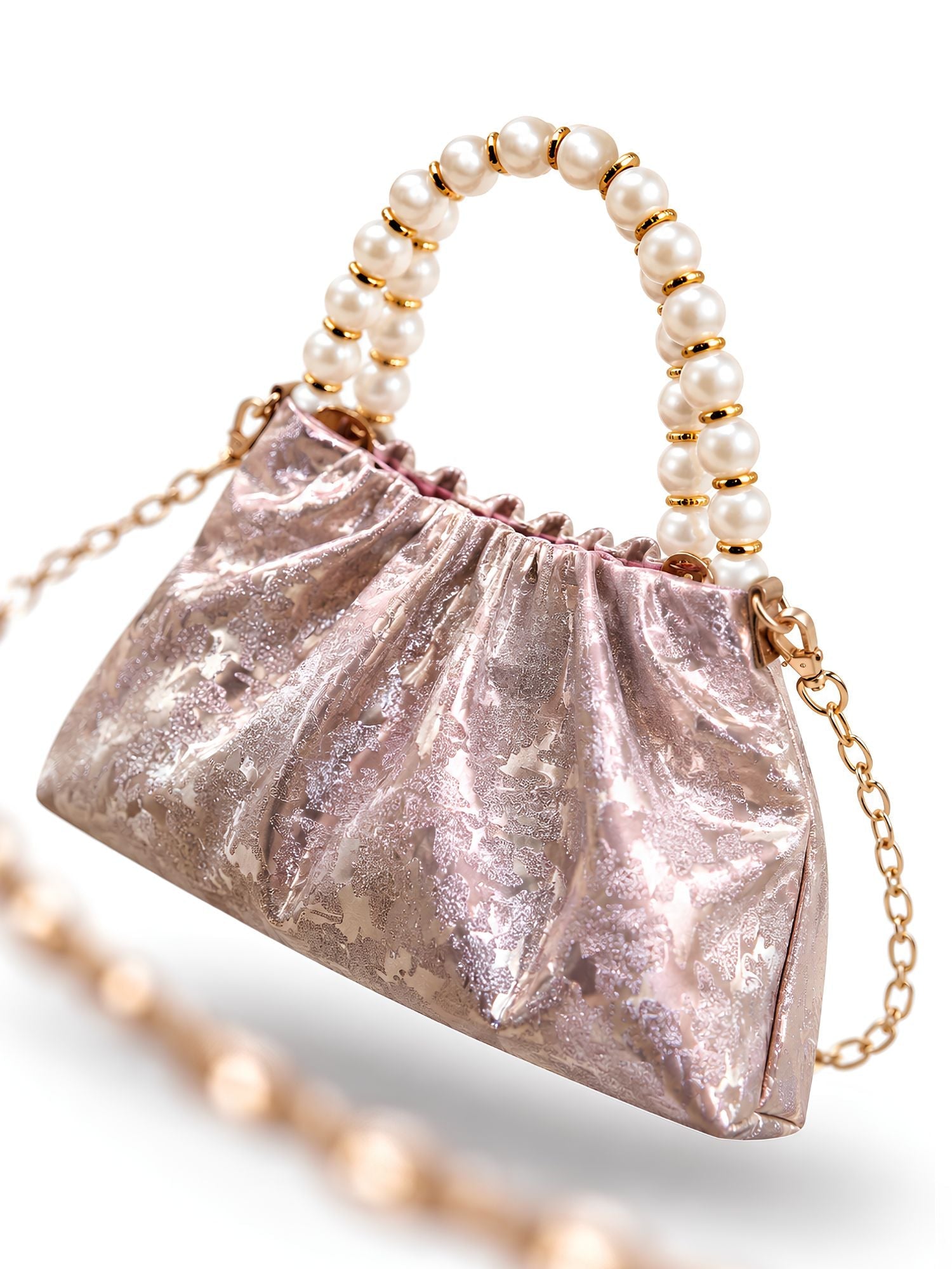 LOOKHAA Premium Rose Gold Ruched Handbag with Gold Chain and Pearl Accents lookhaa