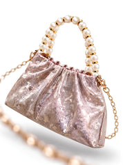 LOOKHAA Premium Rose Gold Ruched Handbag with Gold Chain and Pearl Accents lookhaa