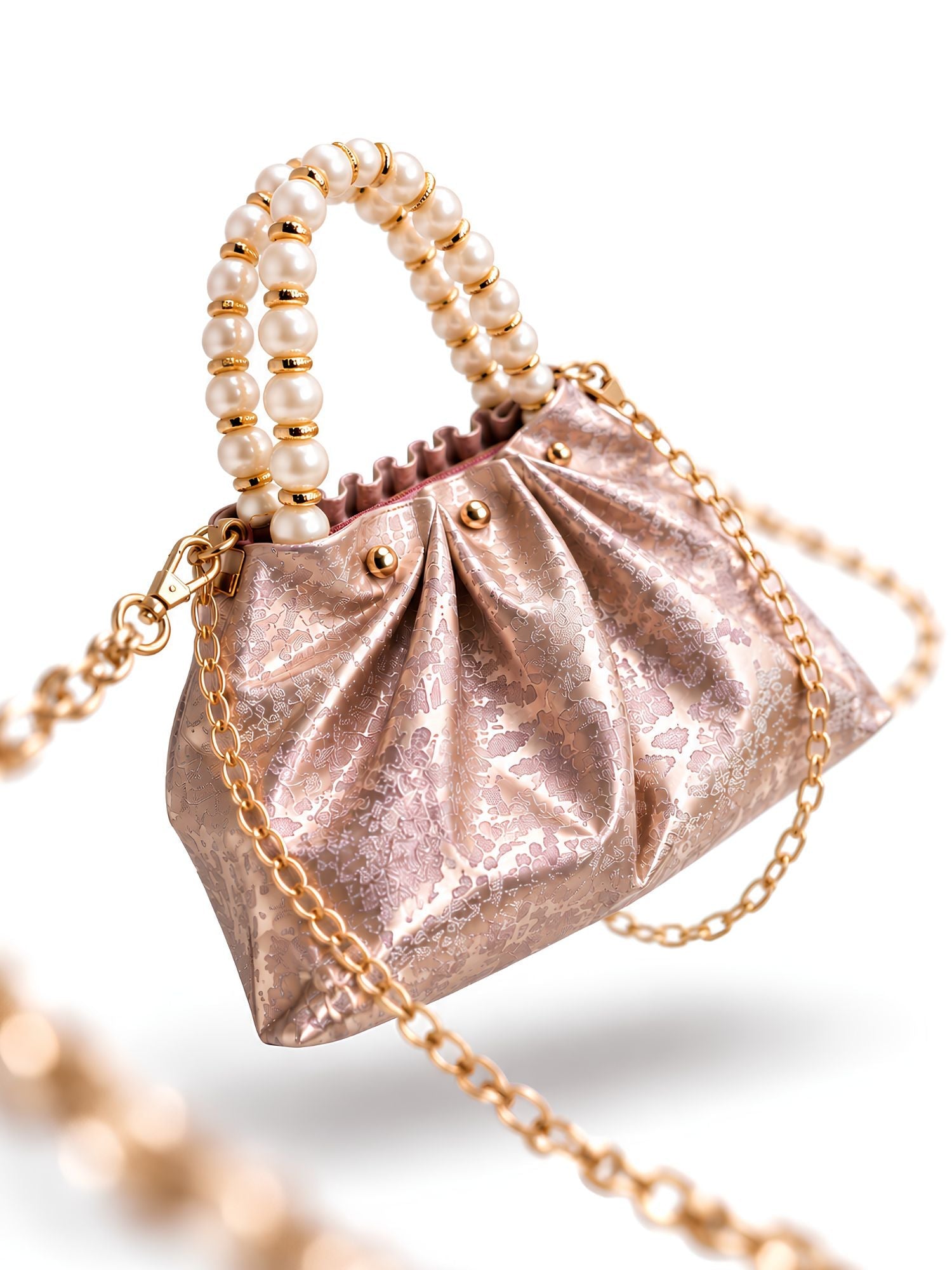 LOOKHAA Premium Rose Gold Ruched Handbag with Gold Chain and Pearl Accents lookhaa