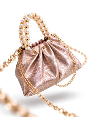 LOOKHAA Premium Rose Gold Ruched Handbag with Gold Chain and Pearl Accents lookhaa