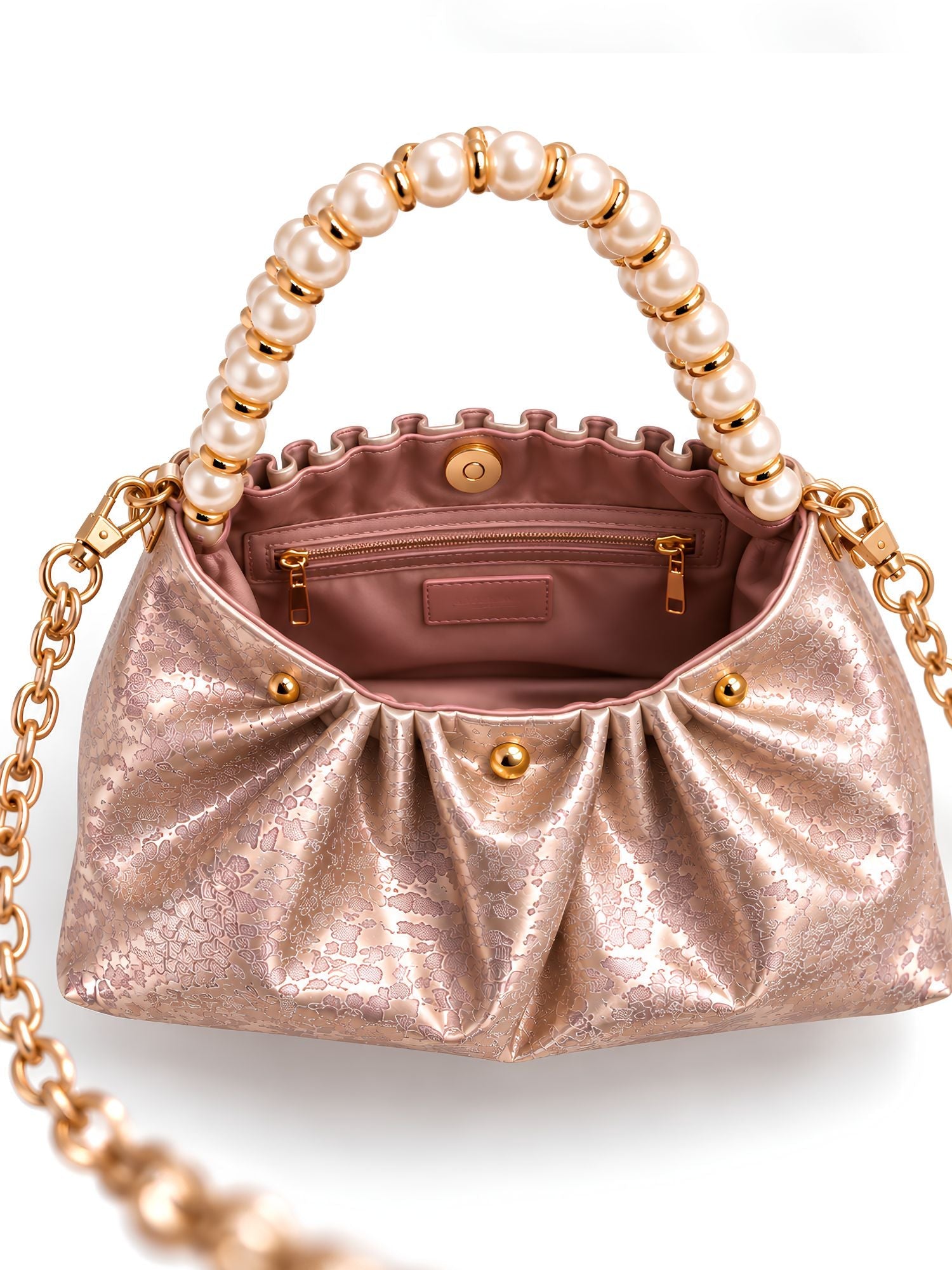 LOOKHAA Premium Rose Gold Ruched Handbag with Gold Chain and Pearl Accents lookhaa