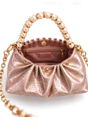 LOOKHAA Premium Rose Gold Ruched Handbag with Gold Chain and Pearl Accents lookhaa