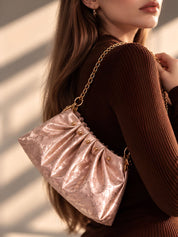 LOOKHAA Premium Rose Gold Ruched Handbag with Gold Chain and Pearl Accents lookhaa