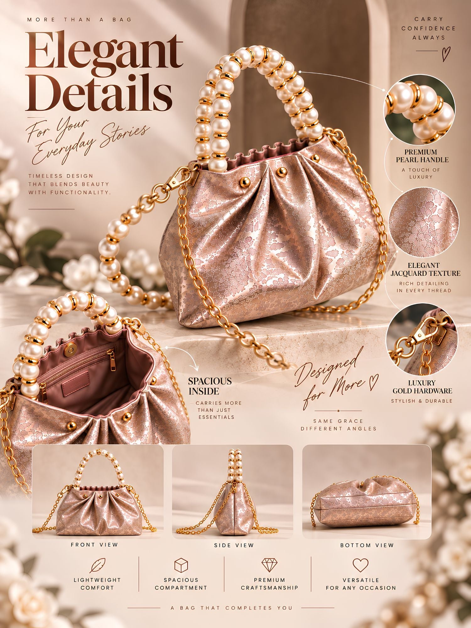 LOOKHAA Premium Rose Gold Ruched Handbag with Gold Chain and Pearl Accents lookhaa