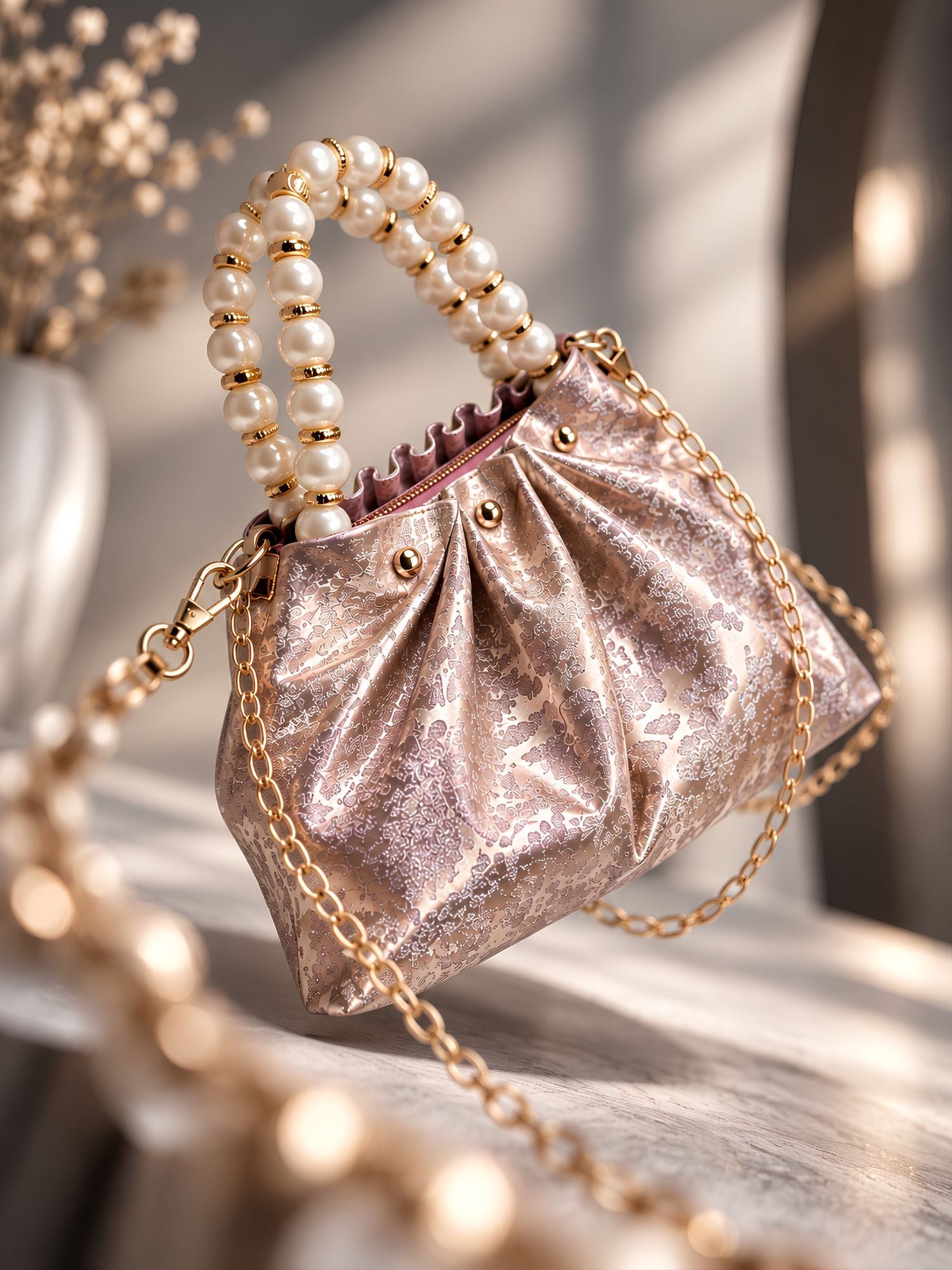LOOKHAA Premium Rose Gold Ruched Handbag with Gold Chain and Pearl Accents lookhaa