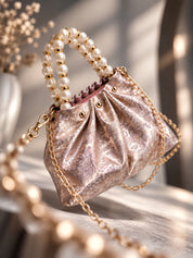 LOOKHAA Premium Rose Gold Ruched Handbag with Gold Chain and Pearl Accents lookhaa