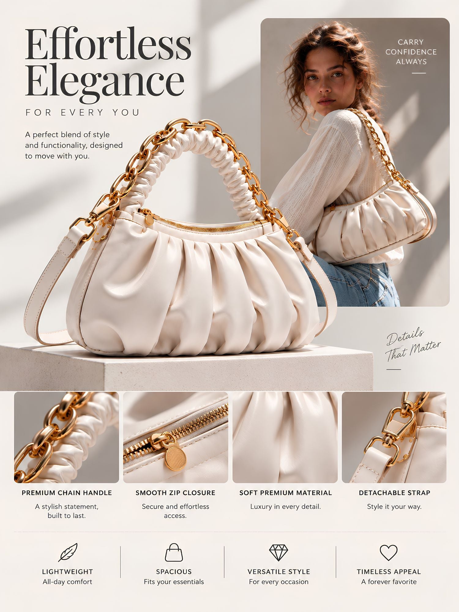 LOOKHAA Premium Solid Off-White Shoulder Bag lookhaa