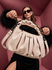 LOOKHAA Cream Textured Ruched Shoulder Bag lookhaa