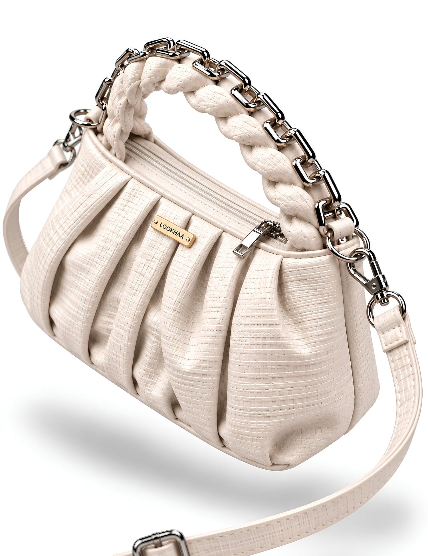 LOOKHAA Cream Textured Ruched Shoulder Bag lookhaa
