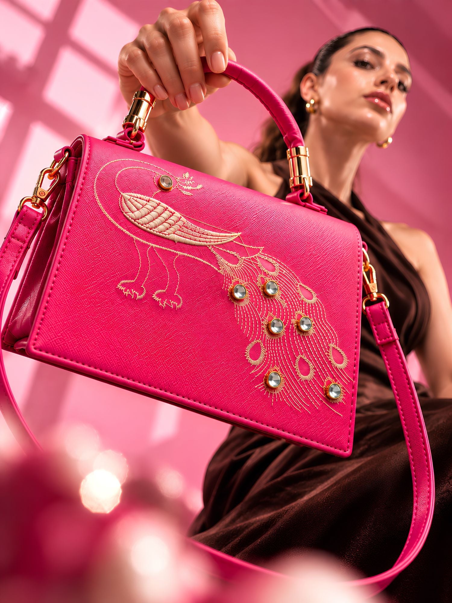 Lookhaa Women Premium Pink Peacock Embroidered Handbag lookhaa