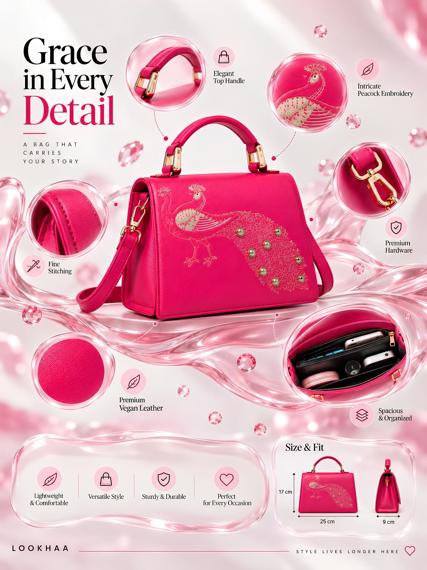 Lookhaa Women Premium Pink Peacock Embroidered Handbag lookhaa