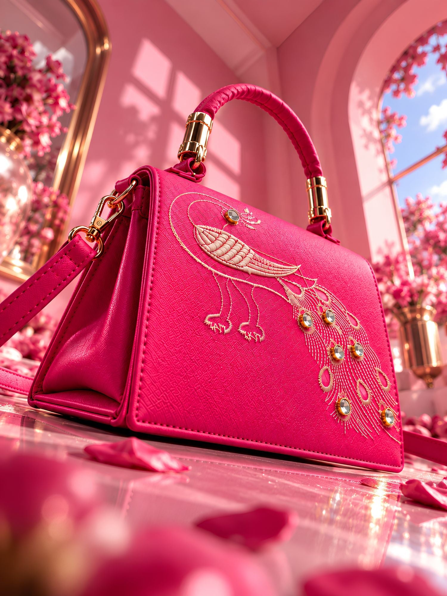 Lookhaa Women Premium Pink Peacock Embroidered Handbag lookhaa