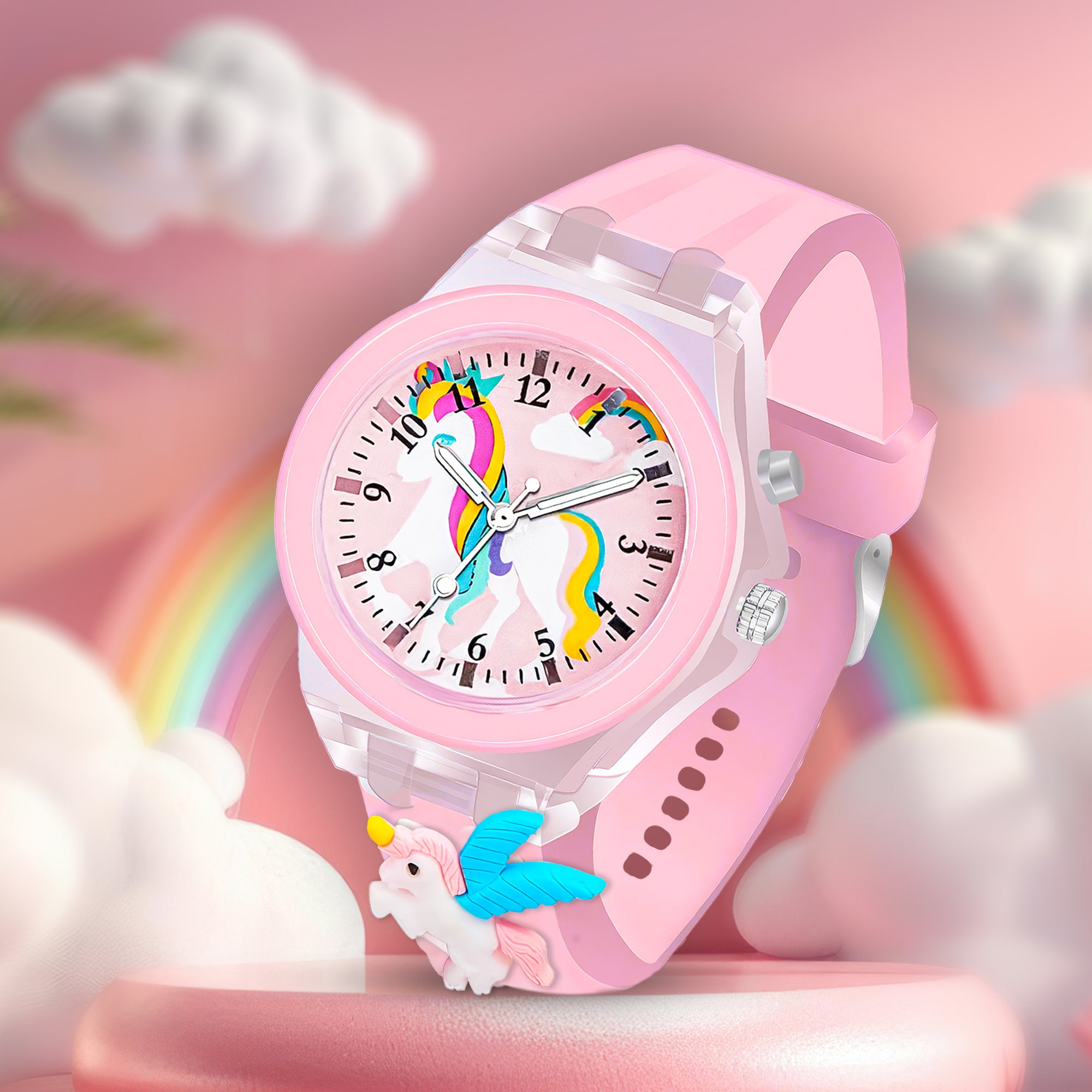 Lookhaa 3D Cute Unicorn Cartoon Watch with 7 Disco Lights Analog Watch for Girls - Pink

